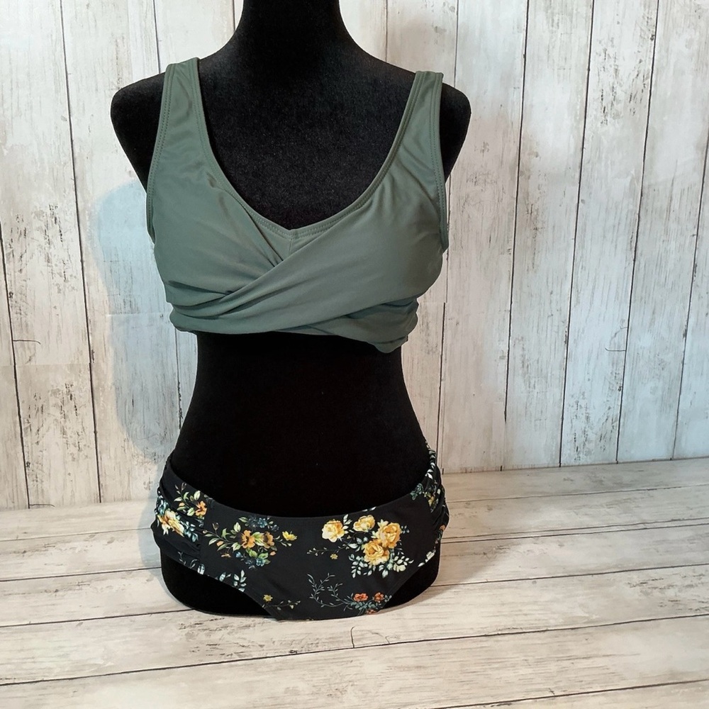 Elegant Floral Bikini Set in Olive Green